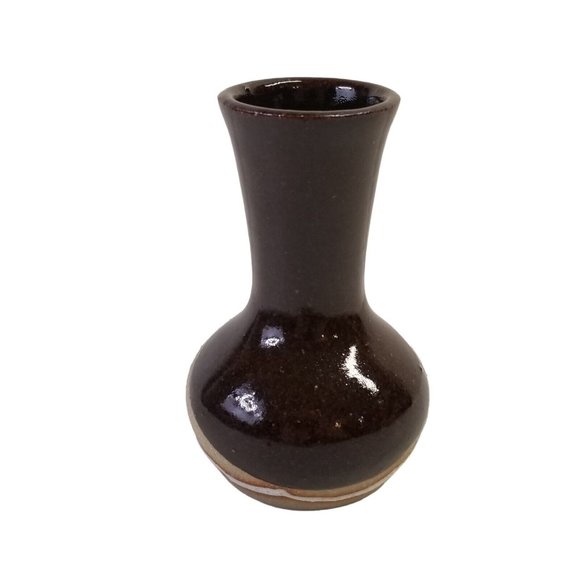 Vintage Pottery Bud Vase Studio Art Stoneware Brown Tan White Signed Decorative - Picture 4 of 9